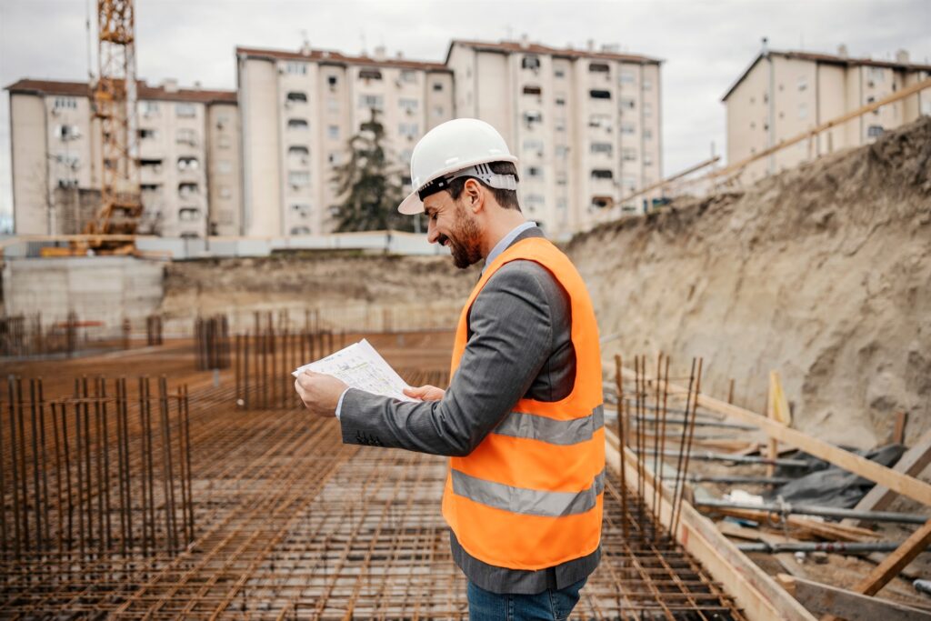 quantity surveyor reviewing construction plans on site